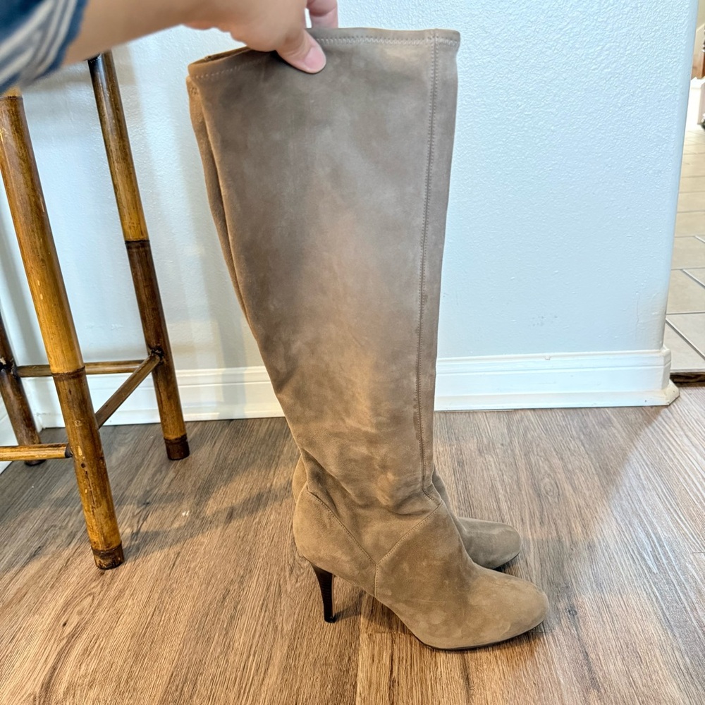 COLE HAAN Nike Air Knee High Heeled Suede Boots Pull on Taupe Greige Size 10 D
